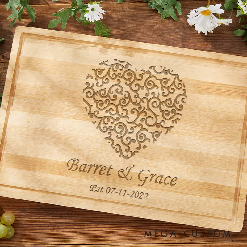 Personalized Anniversary Heart Pattern Cutting Board Couple Wooden Anniversary Bamboo Cutting Board Anniversary Gift Cutting Board for Husband Wife