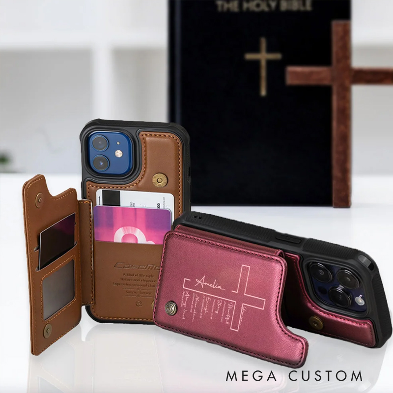 Personalized Cross Bible Leather Flip Wallet Phone Case for iPhone with Name RFID Blocking Card Holder Baptism Birthday Gift for Christian