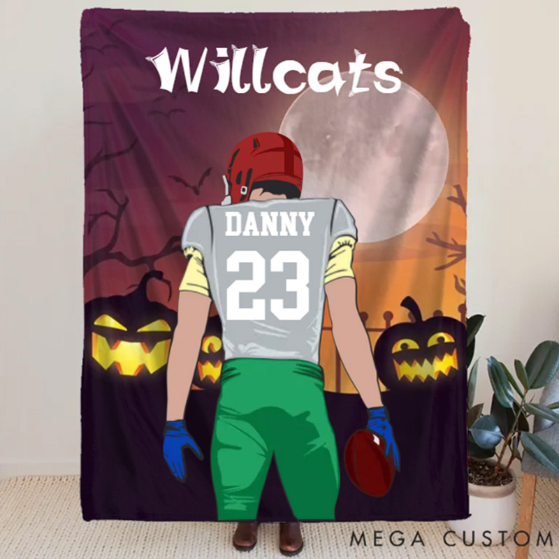 Personalized Halloween Football Spirit Blanket with Your Name and Jersey Number, Celebrate Your Star Player