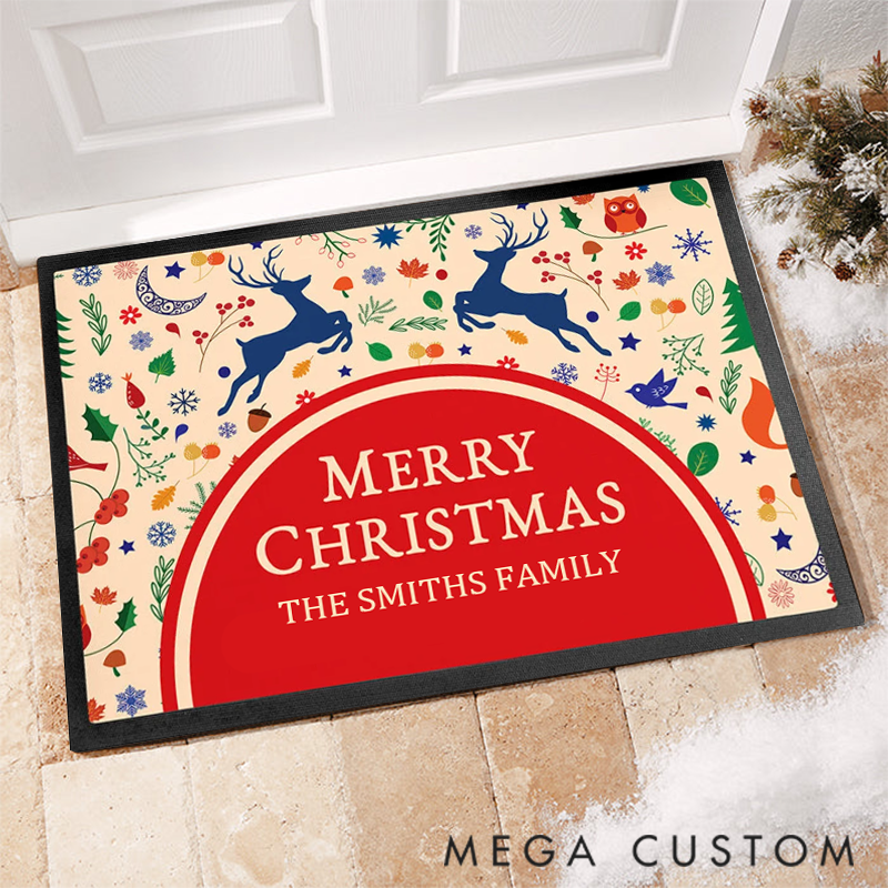 Personalized Christmas Reindeer and Ornament Mat for a Joyful and Merry Christmas Welcome Doormat