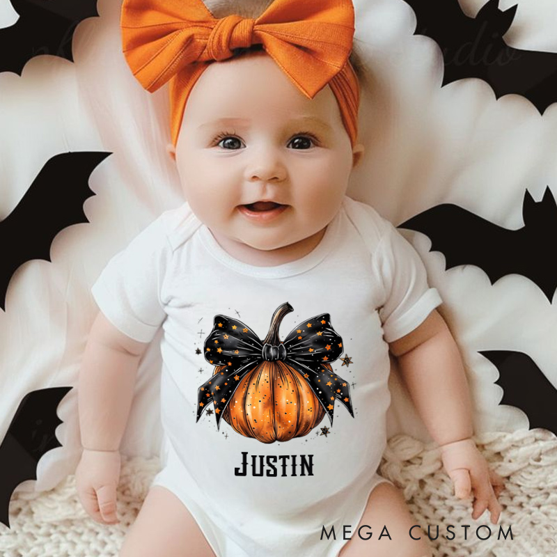 Personalized Pumpkin Bow Design Baby Bodysuit with Name Halloween Baby Shower Gift for Baby Newborn