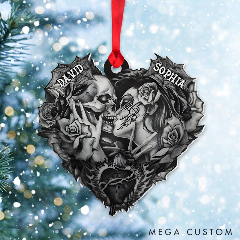 Personalized Gothic Heart Ornament Skeleton Couple Halloween Ornament Eternal Love Skeleton Kiss Ornament for Husband Wife Boyfriend Girlfriend