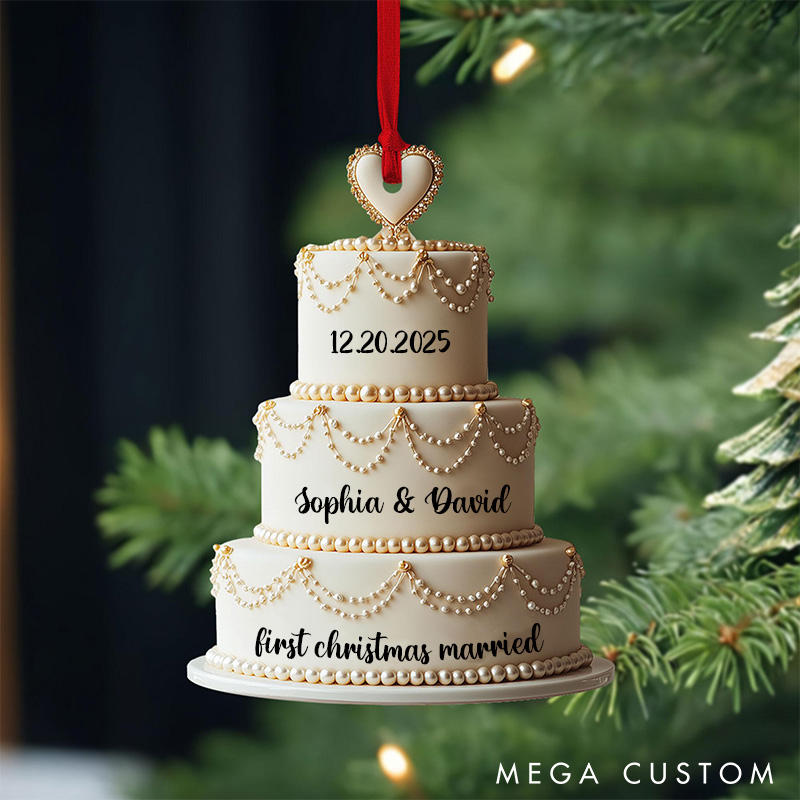 Personalized First Christmas Married Ornament Couple Wedding Cake Christmas Ornament Acrylic 2D Flat Cake Christmas Ornament for Couple