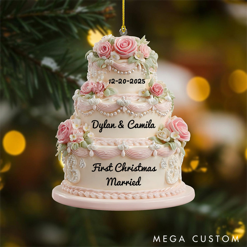 Personalized First Christmas Married Ornament Romantic Floral Wedding Cake Christmas Ornament Couple Acrylic 2D Flat Flower Cake Christmas Ornament