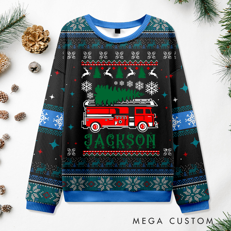 Personalized Firefighter Christmas Sweater Fire Truck Christmas Tree Sweatshirt Gift for Firefighters