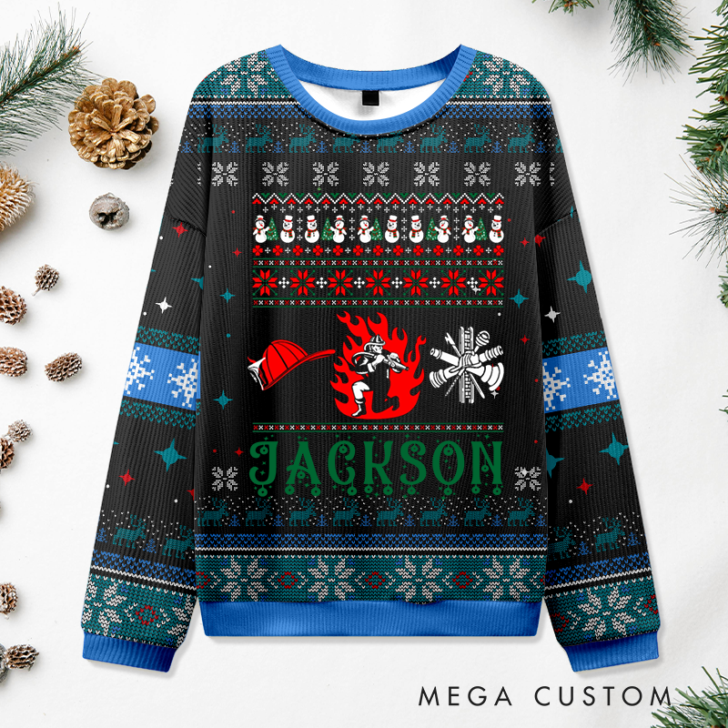 Personalized Firefighter Christmas Sweater Fire Hydrant Flame Snowflake Sweatshirt Gift for Firefighters