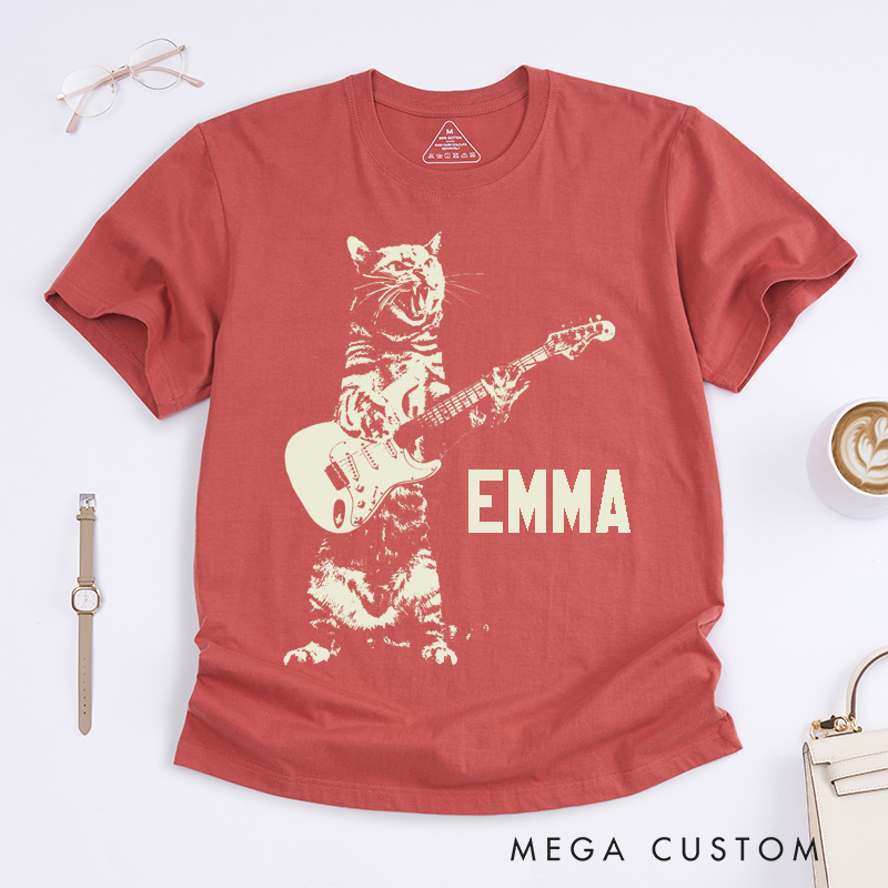 Personalized Cat Electric Guitar Classic T-Shirts Custom Name Wild Musician Gifts for Men and Women Unique Rock Style Tee for Cat Lover Friends Family