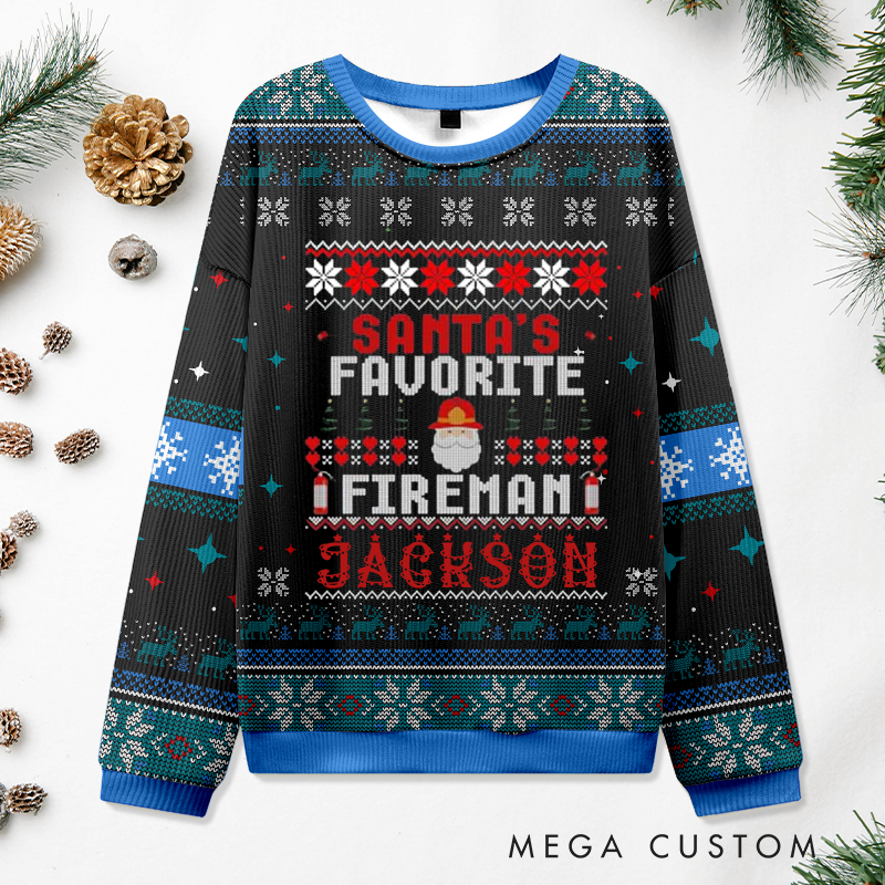 Personalized Firefighter Christmas Sweater Santa's Favorite Fireman Design Sweatshirt Gift for Firefighters