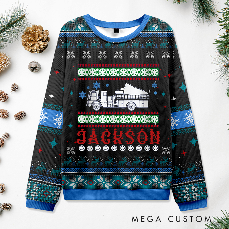 Personalized Firefighter Christmas Sweater Fire Truck with Ladder Design Sweatshirt Gift for Firefighters