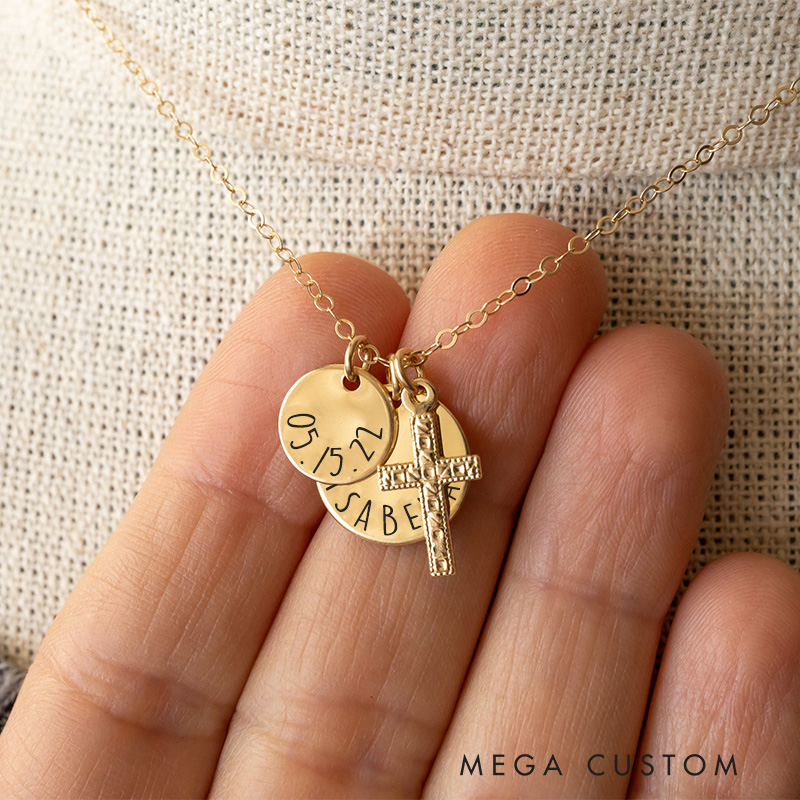 Personalized Cross Necklace with Name and Date Charms Religious Jewelry First Communion Gift for Women Believers