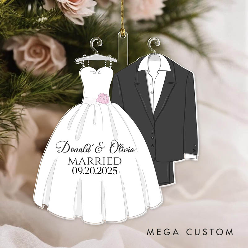 Personalized Couple Wedding Dress and Suit Acrylic Christmas Ornament with Name Newlywed Xmas Christmas Ornaments for Husband Wife Hubby Wifey