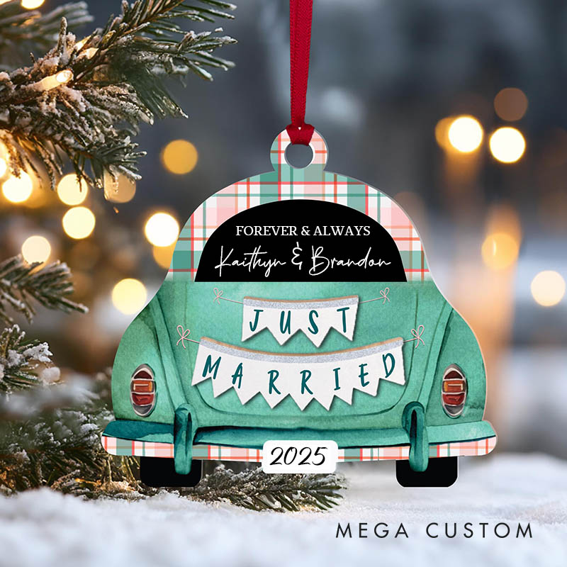 Personalized Couple Wedding Car Just Married Acrylic Christmas Ornament with Name Newlywed Xmas Christmas Ornaments for Husband Wife Hubby Wifey