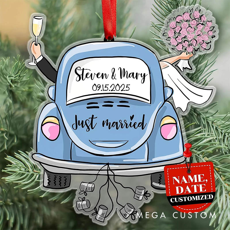 Personalized Couple Wedding Floral Car Acrylic Christmas Ornament Newlywed Just Married Xmas Christmas Ornaments for Husband Wife Hubby Wifey