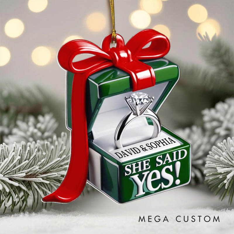 Personalized Couple Engagement She Said Yes Ring Box Acrylic Custom Christmas Ornament Newlywed Name Xmas Christmas Ornaments for Husband Wife