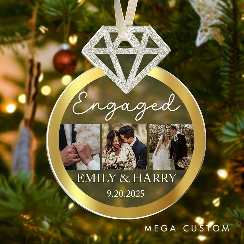 Personalized Couple Engaged Diamond Ring Acrylic Custom Christmas Ornament with Photo Newlywed Name Xmas Christmas Ornaments for Husband Wife