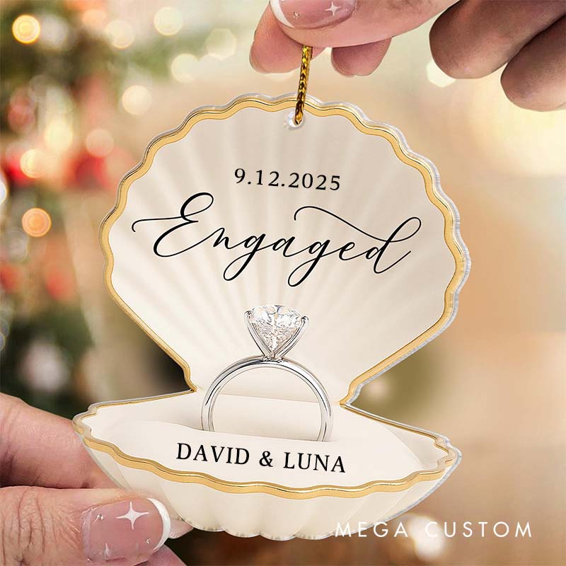 Personalized Couple Engagement Seashell Ring Box Acrylic Christmas Ornament Custom Newlywed Mr and Mrs Name Xmas Christmas Ornament for Husband Wife