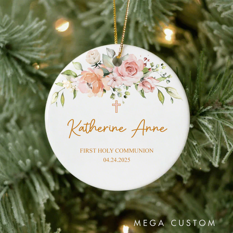 Personalized Wreath Ceramic Ornament with Name Date Christening First Communion Gift for Christian Confirmation Gift