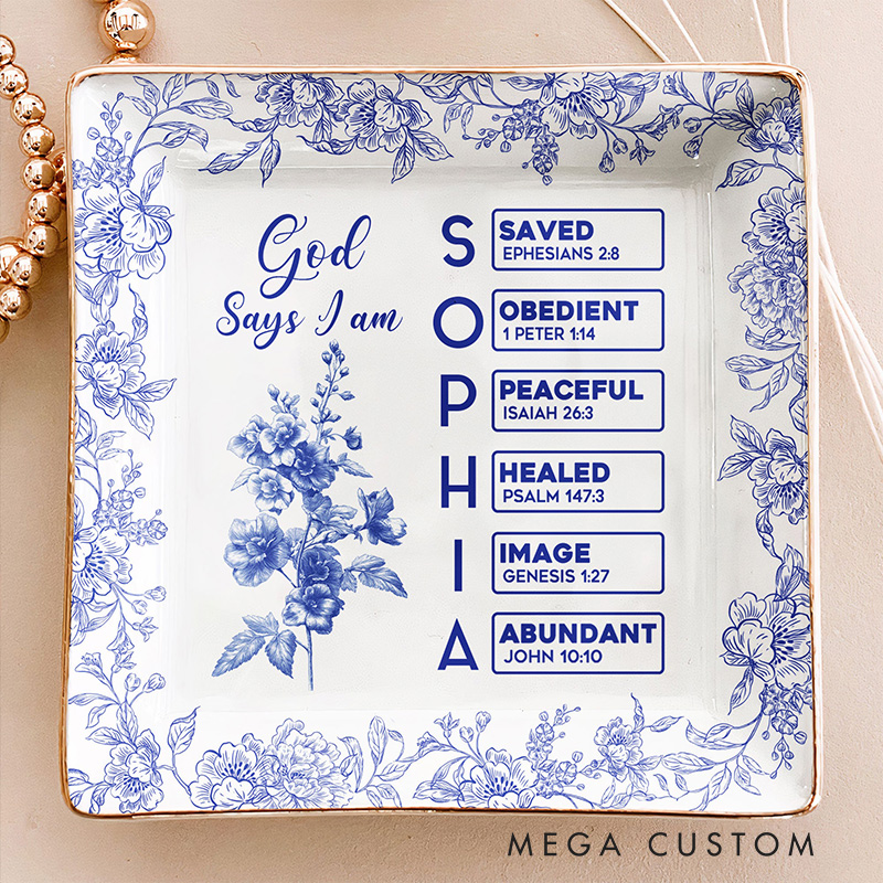 Personalized Toile De Jouy Birth Flower Bible Chapter Ceramic Square Ring Dish with Name Religious Gift for Christians