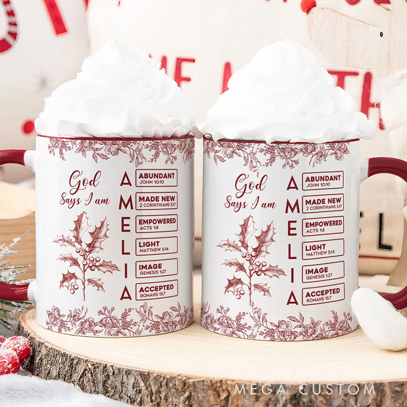 Personalized Toile De Jouy Birth Flower Bible Chapter Ceramic Inner Color Mug with Name Religious Gift Birthday Gift for Christians