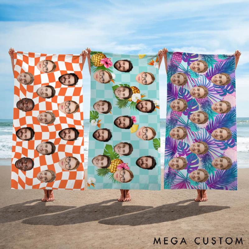 Personalized Colorful Plaid Flower Face Photo Soft Quick Dry Oversized Beach Towel Travel Essential Beach Party Gift for Friends