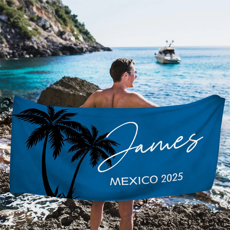 Personalized Multicolor Palm Tree Beach Towel Super Absorbent Oversized with Name and Text Gift for Traveler