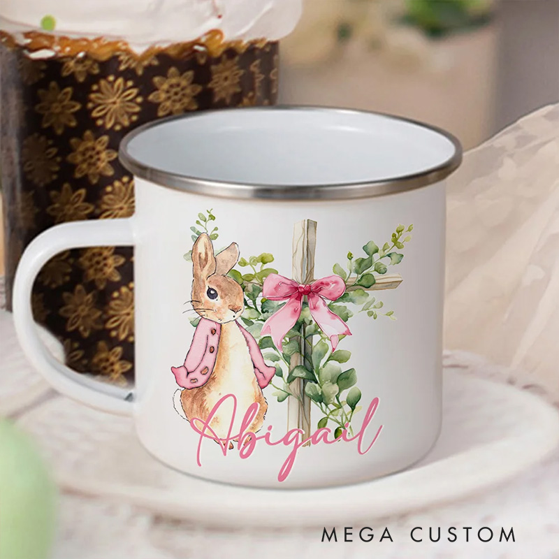 Personalized Cute Rabbit Bow Cross Enamel Mug with Name Religious Gift Birthday Easter Gift for Kids