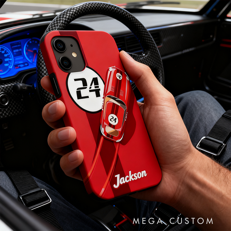 Personalized Racing Style Phone Case Custom Name and Number Retro Car Design Gift for Car Lovers