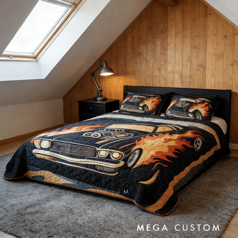 Personalized Flaming Muscle Car Quilt Bed Set Special Line Gift for Racing Lovers