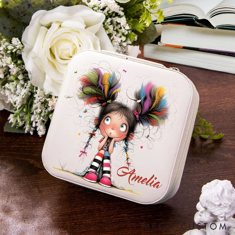 Personalized Cartoon Quirky Girl Leather Travel Jewelry Box with Name Travel Accessories Birthday Gift for Women Girls