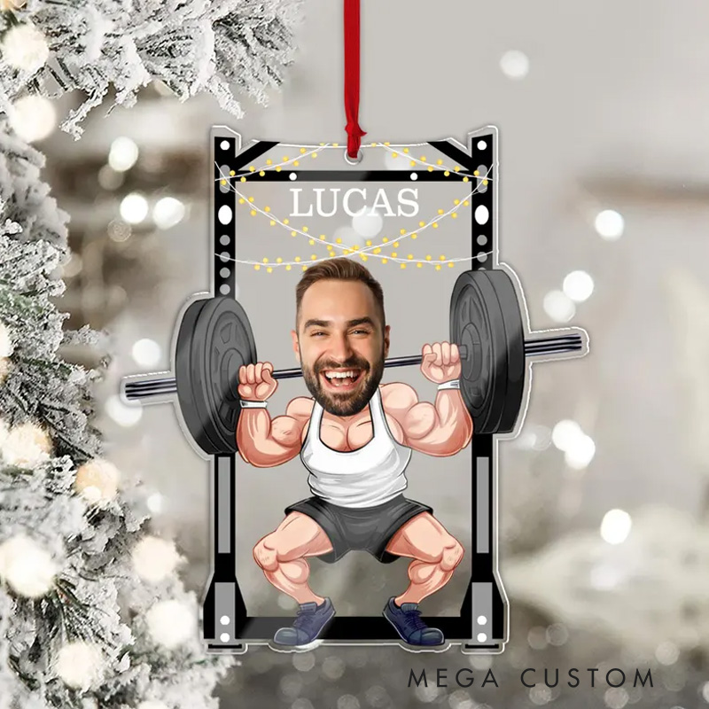 Personalized Body Builder Christmas Ornament Gift with Custom Photo for Fitness Enthusiasts Bodybuilders and Gym Lovers