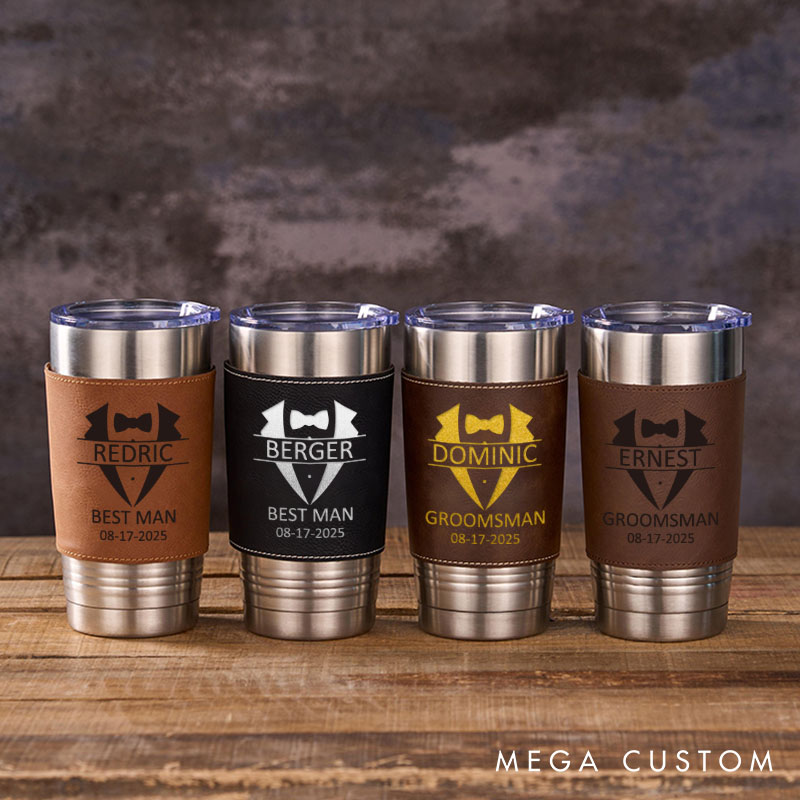 Personalized Groomsmen Gifts Tumbler 20oz Tumbler with Leather Sleeve for Men Groom Best Man Bachelor Party Gift Tumbler for Him