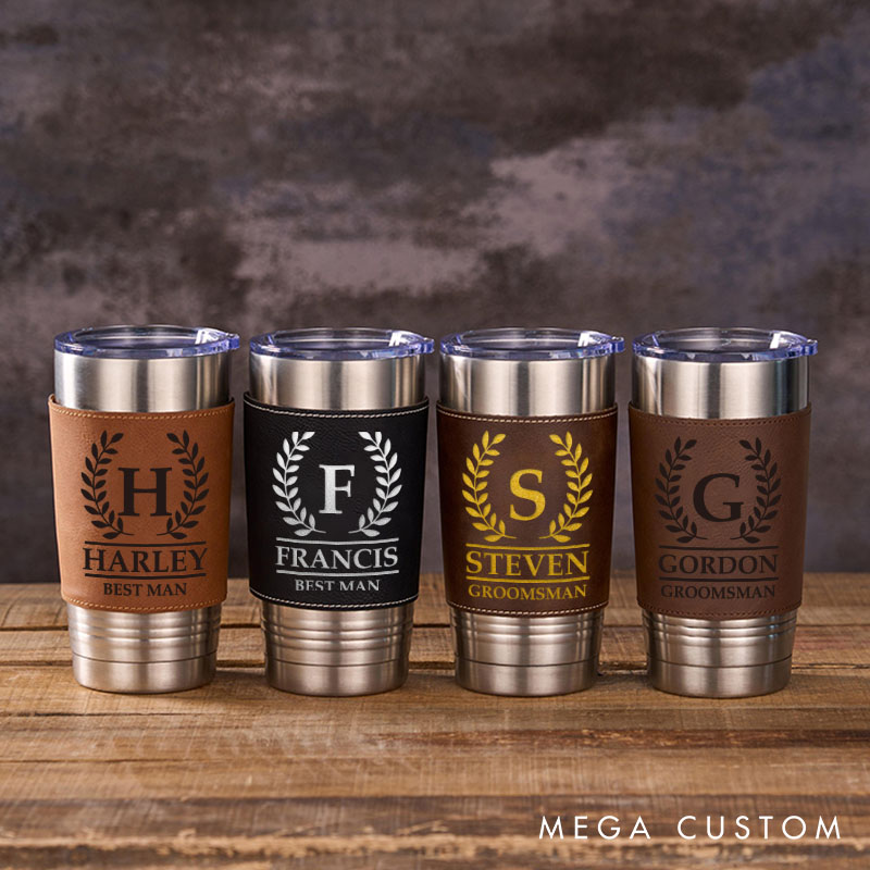 Personalized Engraved Groomsmen Tumbler 20oz Groomsman Tumbler with Leather Sleeve Men’s Coffee Mug for Groom Best Man Wedding Party Gift Tumbler