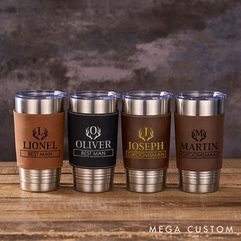 Personalized 20oz Tumbler Groomsmen Gift Tumbler for Bachelor Party Antler Design Tumbler with Leather Sleeve Best Man Gift Groom Gift Wedding Favors Tumbler 