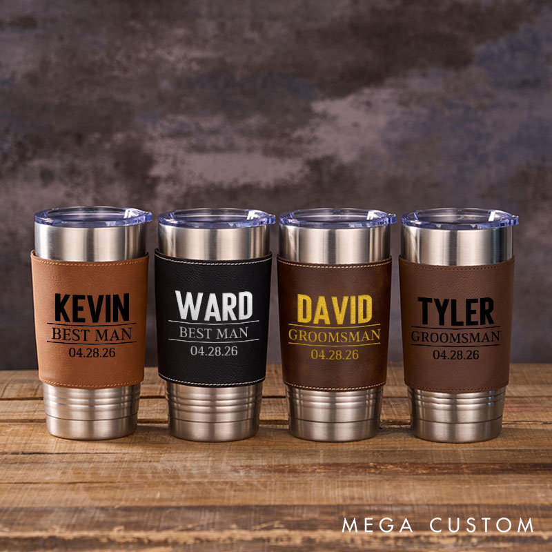 Personalized Groomsmen Gifts 20oz Leather Tumbler Engraved Leather Sleeve Coffee Mug for Groom Best Man Gift Bachelor Party Gift Tumbler