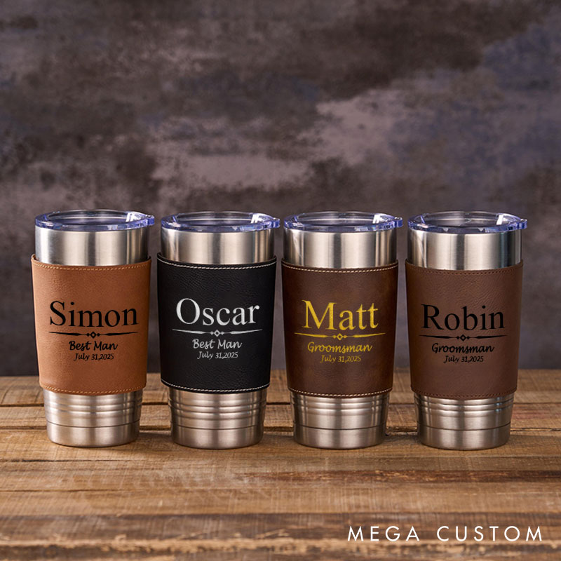 Personalized 20oz Leather Tumbler Engraved Groomsmen Gift Tumblers Groom Gift Tumbler with Sleeve Best Man Bachelor Party Coffee Mugs