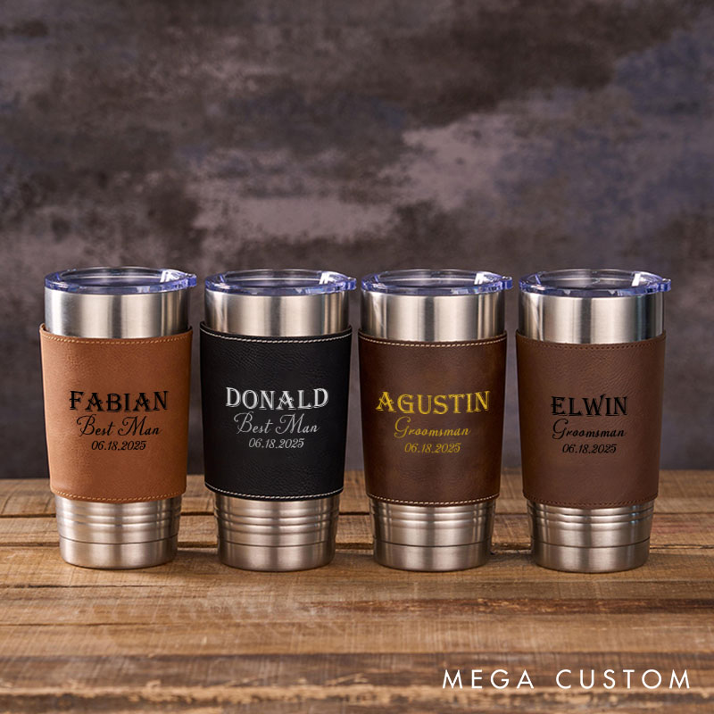 Personalized Groomsmen Gifts 20oz Tumblers Custom Men’s Tumbler with Leather Sleeve for Best Man Leather Coffee Mug for Groom Best Man Wedding Party Gift Tumbler