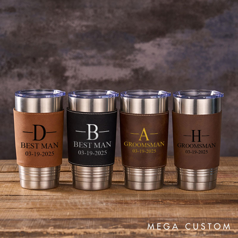 Personalized Wedding Party Tumbler Men’s 20oz Leather Tumbler Custom Groomsmen Gift Tumbler Groom Gift Best Man Bachelor Party Coffee Mugs
