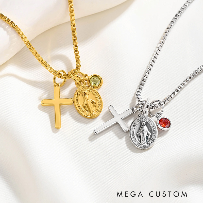 Personalized Virgin Mary Cross Necklace with Birthstone Dainty Jewelry Birthday Gift Religious Gift for Christian Women 