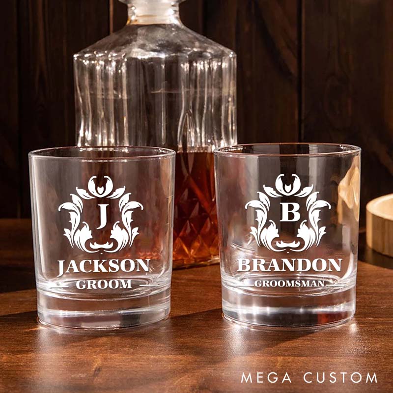 Personalized Groomsman Whiskey Glasses Groom Club Bachelor Party Whiskey Glasses Ornate Design Glasses Cup Custom Gifts for Groom and Groomsmen
