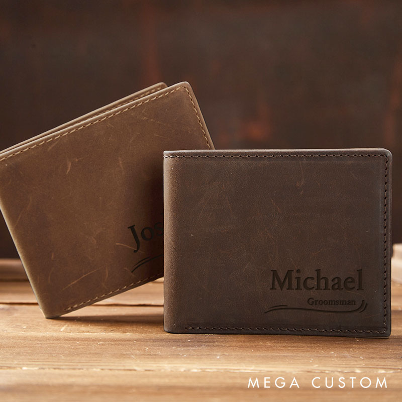 Personalized Leather Wallet Custom Wallet Gift for Groom Crazy Horse Wallet for Groomsman Men's Bachelor Party Gift Wallet for Men