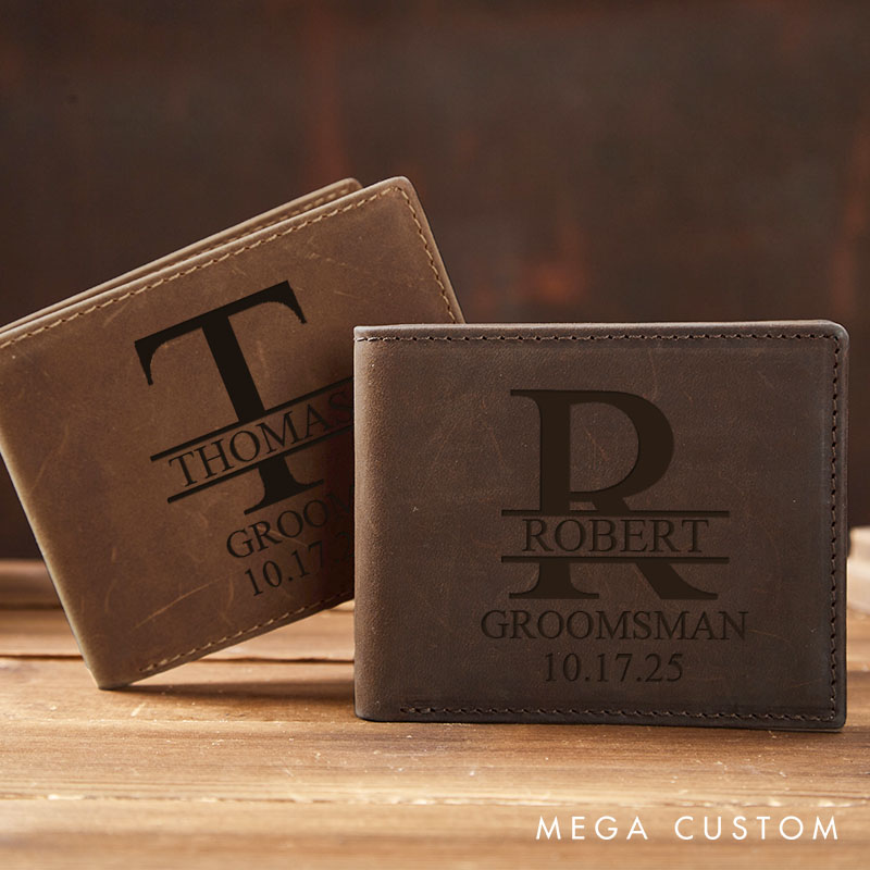 Personalized Groom Groomsman Leather Wallet Engraved Monogrammed Wallet Crazy Horse Wallet for Men Groomsman Bachelor Party Gift Wallet for Him