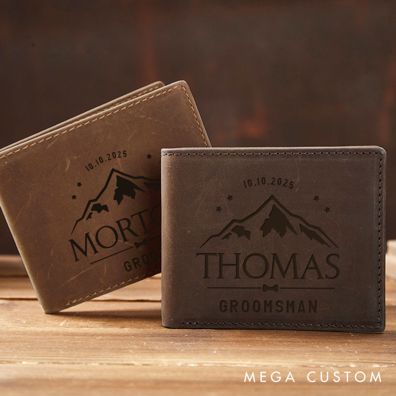 Personalized Groom Leather Wallet Groomsman Leather Wallet Engraved Crazy Horse Wallet for Men Mountain Star Design Wallet Groomsman Wedding Party Wallet