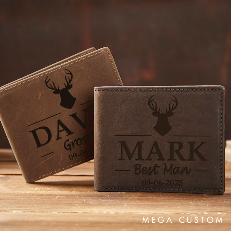 Personalized Groomsman Leather Wallet Groom Club Leather Wallet Engraved Crazy Horse Wallet for Men Antler Design Wallet Groomsman Bachelor Party Wallet