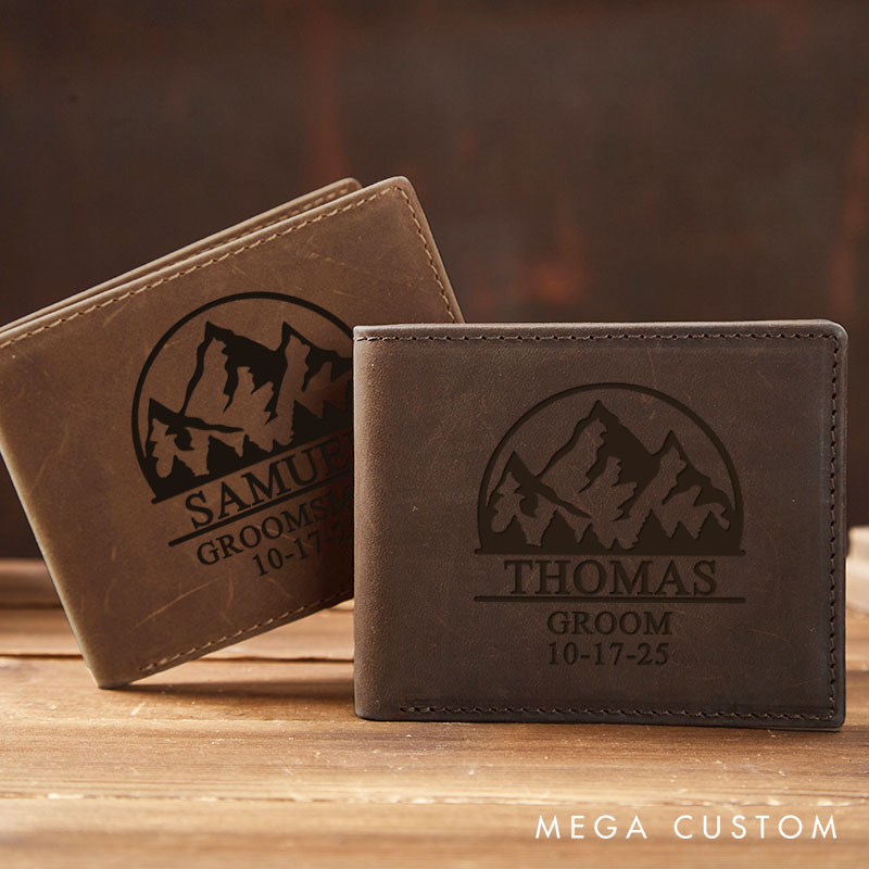 Personalized Groom Groomsman Wallet Engraved Crazy Horse Wallet Wallet for Best Man Mountain Design Wallet for Men Groomsmen Gift Groom Gift