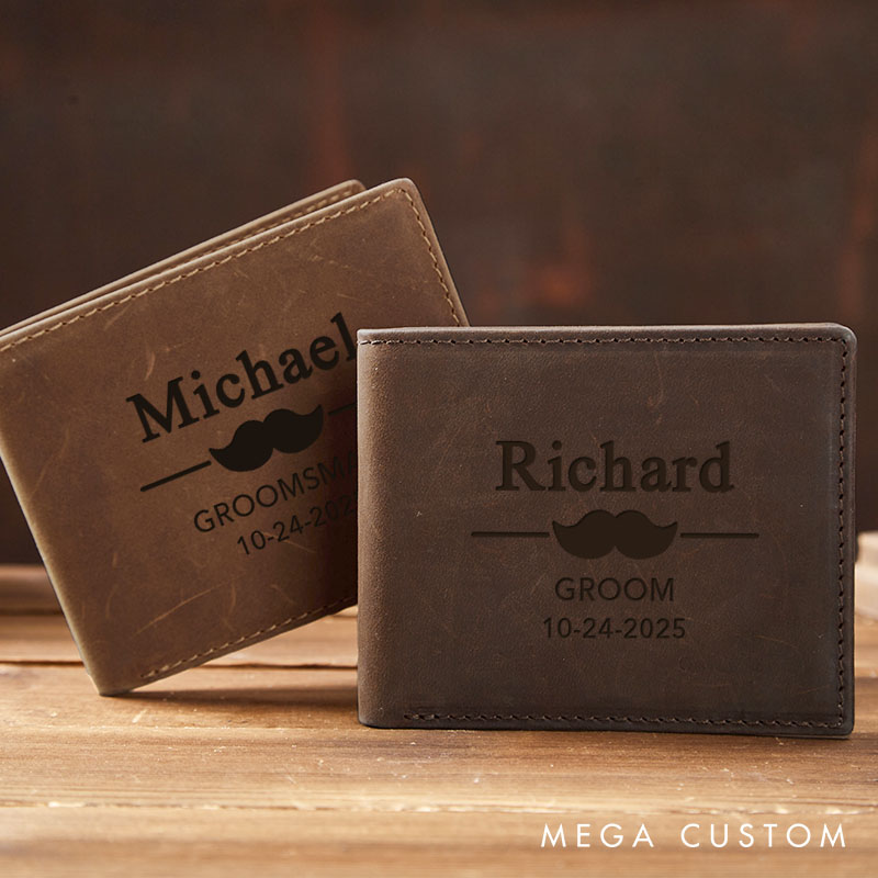 Personalized Groom Groomsman Proposal Wallet Engraved Crazy Horse Wallet for Best Man Mustache Design Wallet for Men Groomsmen Gift Groom Gift