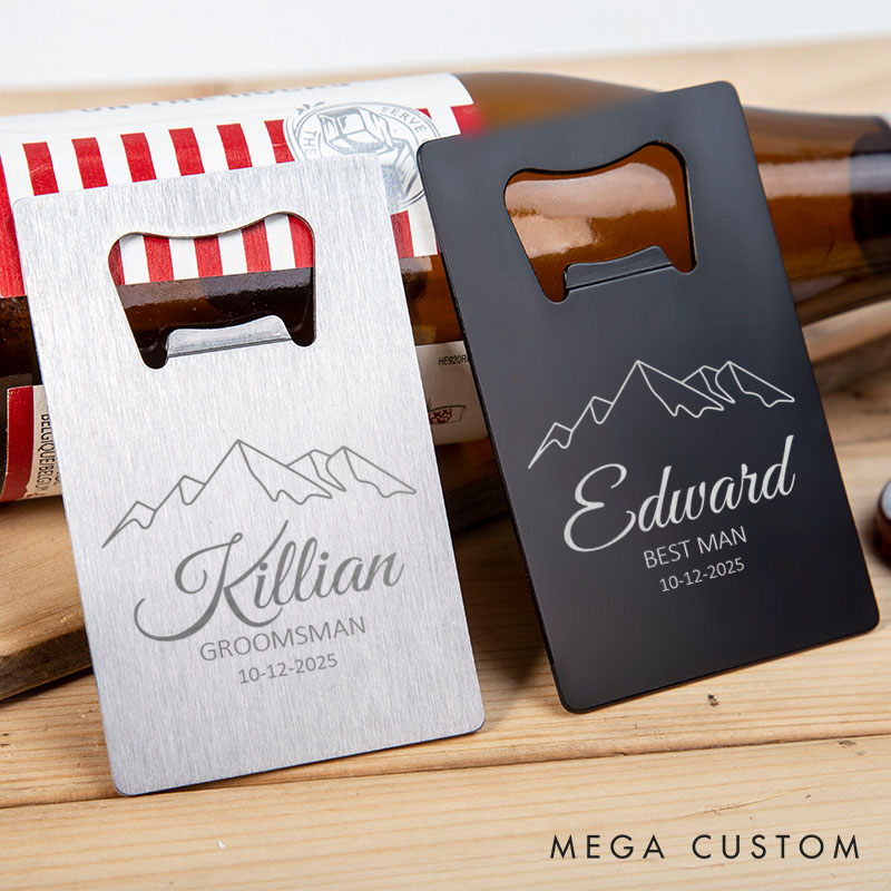 Personalized Groomsman Credit Card Bottle Opener Engraved Mountain-Themed Bottle Opener Groomsman Opener for Him Bachelor Favors Opener