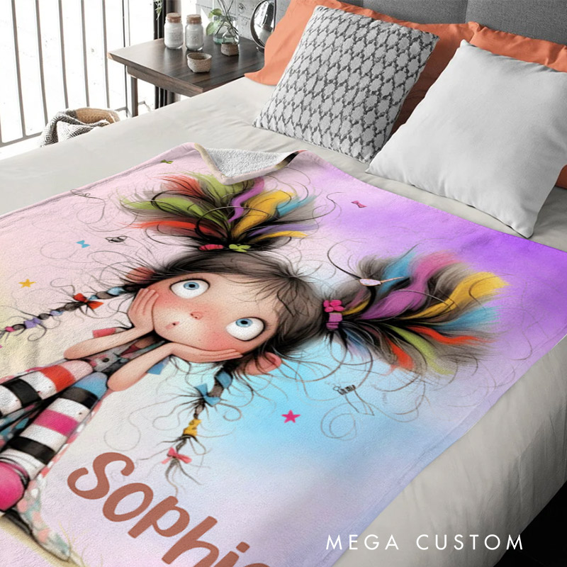 Personalized Cute Cartoon Quirky Girl Blanket With Name Magic Dream Background Girls Gift