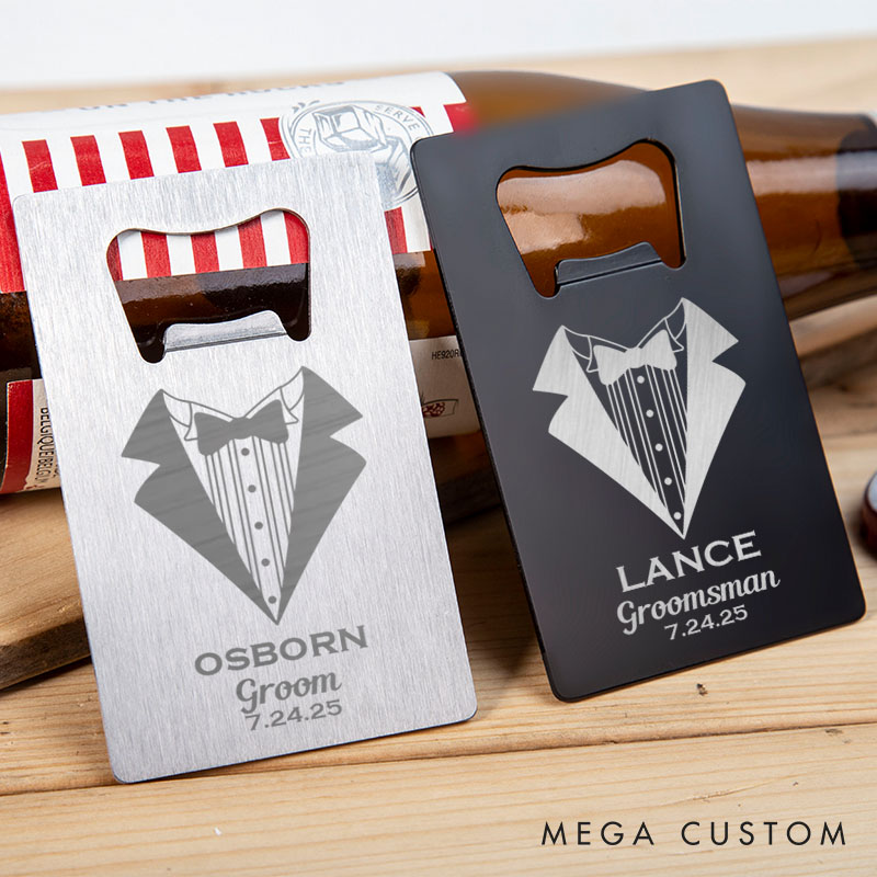 Personalized Groomsman Credit Card Bottle Opener Engraved Groom Tuxedo-Themed Bottle Opener Groomsman Opener for Him Wedding Favors Opener