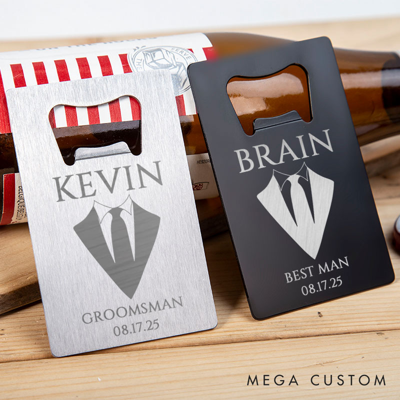 Personalized Groom Groomsman Bottle Opener Engraved Suit-Themed Credit Card Bottle Opener Groomsman Bachelor Opener Wedding Party Bottle Opener