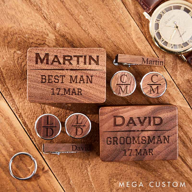 Personalized Groomsman Cufflink Box Set Handcrafted Wooden Cufflinks Box Set with Tie Clip Groomsman Party Favors Cufflink Men’s Cufflinks for Groom